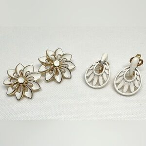LOT-2 Vintage Pairs of White Enamel on Gold Tone, Crown Trifari Clip-On Earrings
